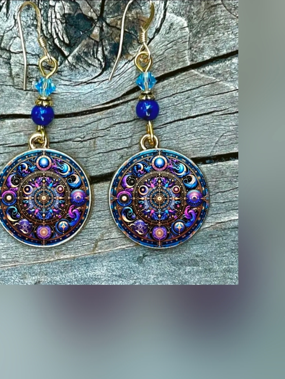 ASTROLOGY PHASES OF THE MOON Drop Earrings. Purple And Blue. - Picture 2 of 7